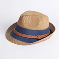 Foldable straw sun hat with navy ribbon and leather strap detail in two-tone design - Kids Style (52-54cm) / Khaki