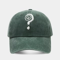 Close-up of vintage washed green baseball cap with white spiral question mark embroidery - Adjustable / Green