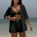 Three-piece black beach set featuring textured mesh shirt, shorts and bikini top outfit - S / Black