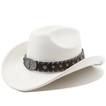 Classic white western cowboy hat with a metal bull head buckle and star decorations - M (56-58cm) / Cream