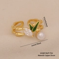 Anello retrò in rame con zircone marquise, perla bianca e foglia smaltata verde - Stile Perla di Bambù (5973897251799)