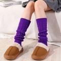 Purple cable-knit leg warmers with brown faux fur clogs for a cozy winter look - One Size / Deep purple
