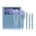 Close-up of a 5-piece travel makeup brush set with purple bristles and mirror storage case - 5Pcs Window Mirror Case / Sky Blue