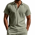 Men's sage green linen polo shirt with breathable waffle texture and button-down collar - S / Tops / Army Green