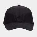 Detail view of the breathable fabric and six-panel crown of a black waterproof baseball cap - Adjustable / Black