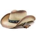 Western style woven straw sun hat with brown gradient and ethnic beaded band detail - M (56-58cm) / Beige Coffee