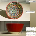 4.8-inch Bohemian ceramic bowl featuring red floral geometric pattern and 380ml capacity - 4.8 Inch Stone Pattern Bowl / Dark Red