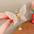Moving butterfly hair clip with gold metal frame, pearls and tassel for girls - Gold Butterfly