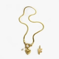 Golden heart pendant and pearl flat snake chain necklace with letter F charm - Gold - Letter F