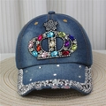 Detailed macro view of rhinestone crown and silver rivets on blue denim baseball cap - Style 6-Deep Blue Colorful Gemstone Crown