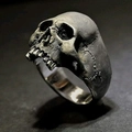 Gothic skull ring for men with vintage silver finish and detailed bone texture carvings - US 7 / Antique Pewter