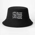 Detail of white embroidery on a black cotton bucket hat with positive motivational text - One Size / Black