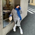 Vibrant bright blue mohair knit scarf paired with a grey wool coat and plush white handbag - Royal Blue
