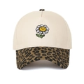 Close-up of beige crown and leopard print brim on baseball cap with sunflower embroidery - Beige/Leopard Print