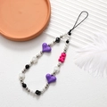 Beaded phone wrist strap with purple hearts, pink gummy bears, and black dice - Heart Scallop (K2939)