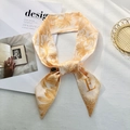 Silk texture skinny scarf with orange palm leaf print and letter E design accent - Style E (Off-White/Orange Palm Leaf)