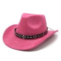 Close-up of rose pink suede cowboy hat featuring turquoise beads and silver rivets - M (56-59cm) / Rose Red (Suede)