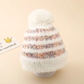 Detailed knit texture of pink and white striped winter hat with fluffy faux fur pom-pom - One Size (3-8 Years) / White