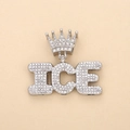 Close-up of iced out crown and ICE word pendant necklace with silver plating and rhinestones - Silver ICE (Crown)
