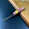 Detail of pink crystal hair pin with gold wire wrapping on U-shaped metal fork - Strawberry Quartz