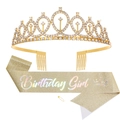 Birthday Girl golden glitter sash and rhinestone crown set for birthday party decorations - Set 16 (Gold Birthday Girl)