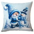 Blue Christmas gnome and snowman printed square pillowcase for winter home sofa decor - Gnome and Little Snowman