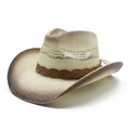 Woven straw western cowboy hat with wide brim, gradient brown finish and hollow mesh crown - M / Off-white (Brown Woven Decorative Band)