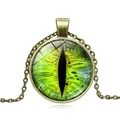 Vintage green cat eye glass pendant necklace with antique bronze metal chain - Bronze Base - Green Cat Eye