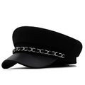 Berretto da marinaio nero in cotone con visiera in pelle e catena in metallo argento - Regolabile (56-58cm) / Nero