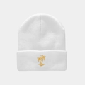 Detailed close-up of white knitted beanie featuring yellow palm tree embroidery on cuff - Palm Tree Embroidery / White