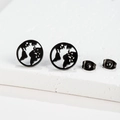 Detailed macro view of black cutout world map stud earrings with butterfly backings - 130 World Map / Black