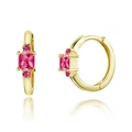 Detailed macro view of gold hoop earrings featuring square pink zircon stones and claw setting - Red