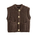 Brown chunky knit sleeveless vest with metal buttons and pockets on white background - S / As Shown