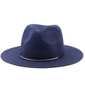 Cappello di paglia blu navy a tesa larga con elegante anello in metallo dorato - M (56-58cm) / Blu navy