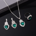 Silver-plated jewelry set featuring heart-shaped emerald stones and crystal accents - Necklace Earrings Ring Set / Green