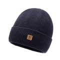 Navy blue winter knit beanie with fold-over cuff and brown leather logo patch - Navy Blue