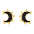 Modern 18K gold plated moon stud earrings with black enamel and beaded edge detail - Black