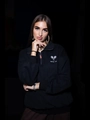 Oversized black 1/4 zip tennis sweatshirt with high collar and graphic print for women - S / Black (Thin)