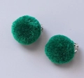 Cute green plush ball clip-on earrings for kids with soft faux fur and silver metal clips - 26# Green Pompom / Clip-on Earrings Pair
