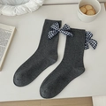 Dark grey cotton mid-calf socks featuring a blue and white plaid bow decoration - One Size / Dark Gray