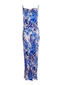 Detail of thin straps and draped neckline on a floral pleated midi dress - B Blue Print