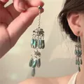Elegant silver flower earrings with green crystal tassels in a Korean style design - Style 4# Gold Blue (Silver Pin)