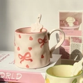 Cute ceramic mug with pink bow and heart patterns on beige finish with star spoon - Bow Mug + Star Spoon