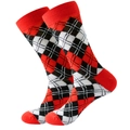 Classic red black and white argyle pattern crew socks with solid red heel and toe - Black White Red Squares