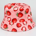 Reversible pink bucket hat with vibrant red strawberry print and white polka dots - M / Pink Strawberry