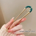 U-shaped hair pin in gold with dark green enamel leaf and rhinestones, length 13cm - Bamboo Leaf U-shaped Hair Stick