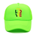 Detail of lime green trucker hat featuring breathable mesh and colorful one LOVE print - M (56-58cm) / Fluorescent Green