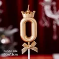 Gold number 0 birthday candle with crown detail and ribbon, 6cm size for cake decor - Number Candle Crown Bow Champagne Color 0