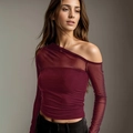 Chic burgundy sheer mesh patchwork off-shoulder long sleeve top for women - S / Burgundy