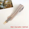Detail of khaki geometric woven wide strap with grey leather and gold metal hooks - Khaki with Grey Trim